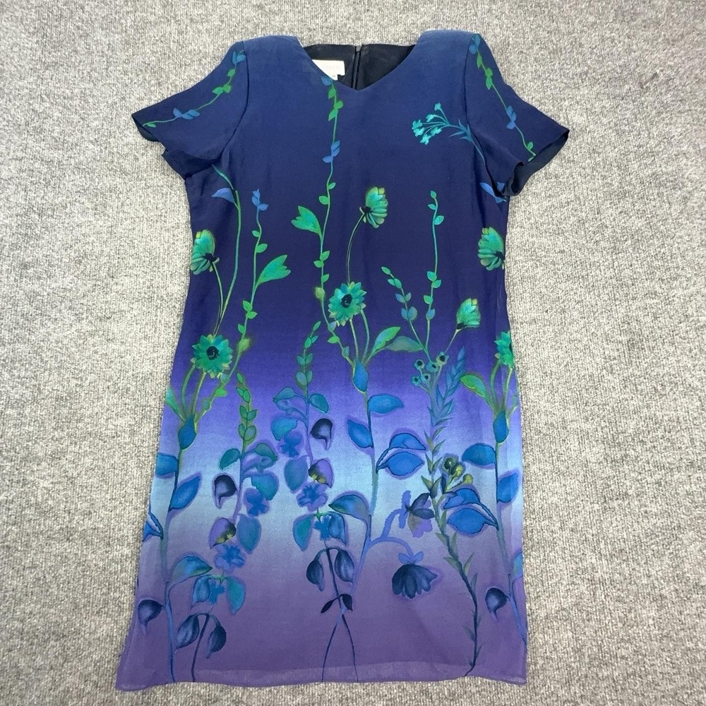 Maggy London Dress Womens 14 Blue Purple Floral Silk Sheath V Neck Ombre Knee